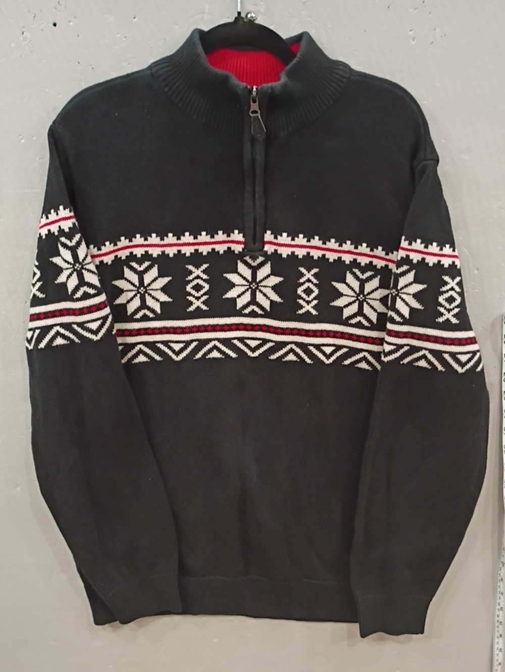 Chaps Black Nordic Zip-Up Sweater with Red and White Accents Christmas